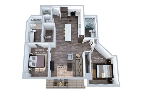 Floor plan for 2 beds, 2 baths, 1182 sqft